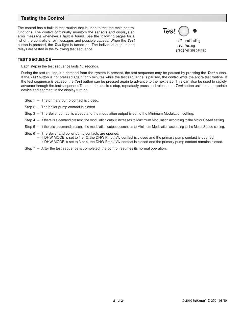 Testing the control | tekmar 270 Boiler Control User Manual | Page 21 / 24