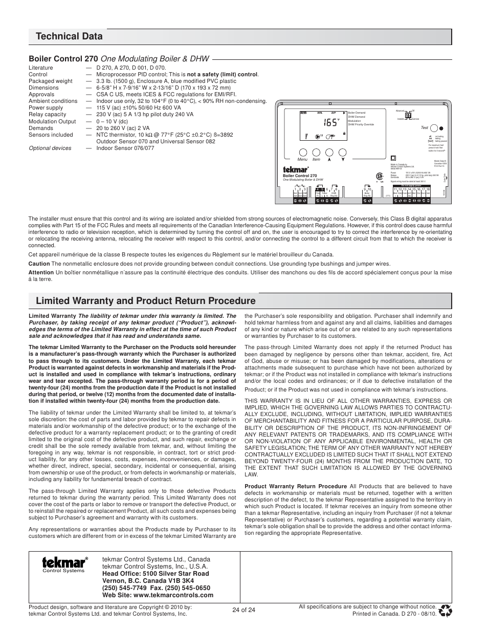 Technical data, Limited warranty and product return procedure, Boiler control 270 one modulating boiler & dhw | 24 of 24 | tekmar 270 Boiler Control User Manual | Page 24 / 24