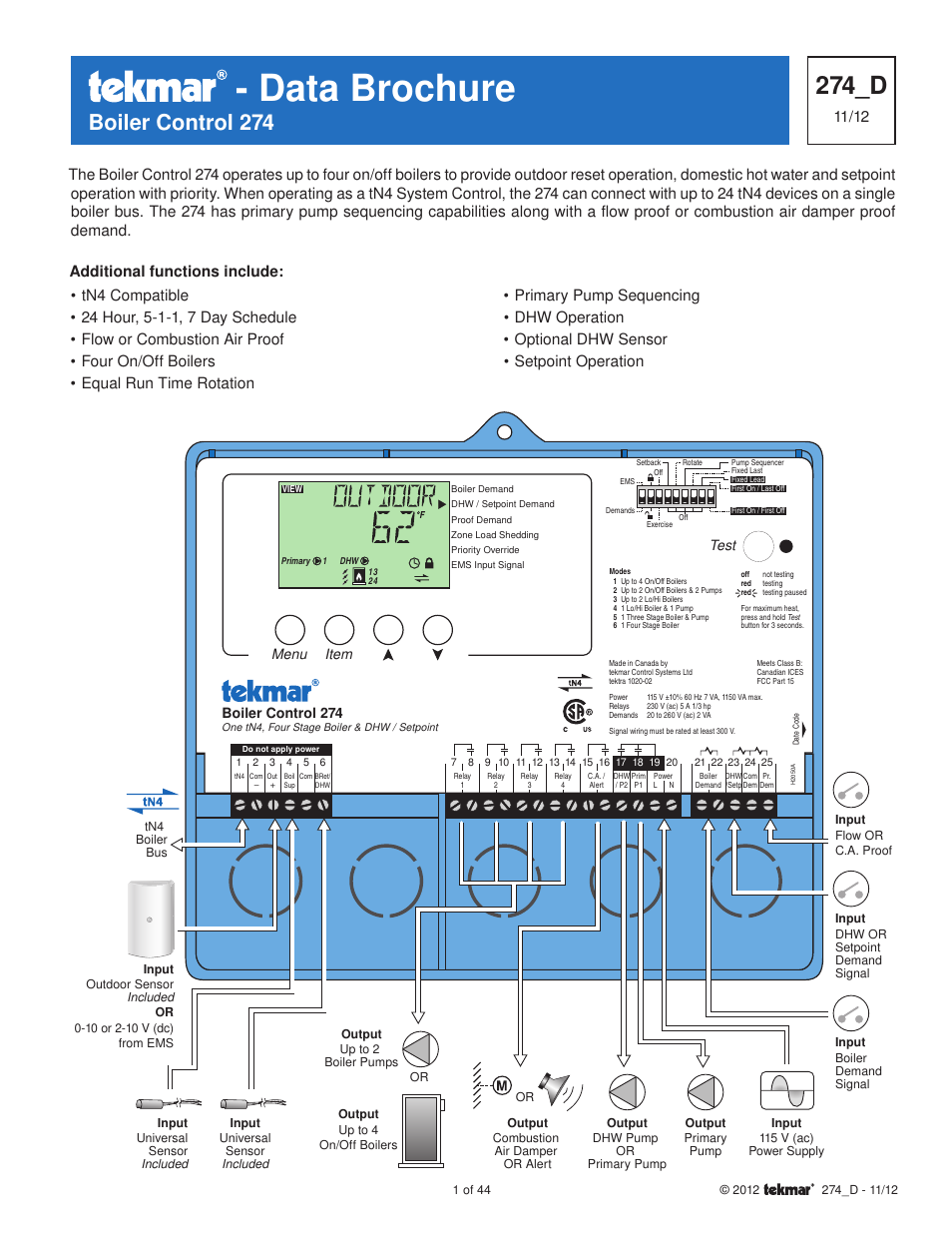 tekmar 274 Boiler Control User Manual | 44 pages