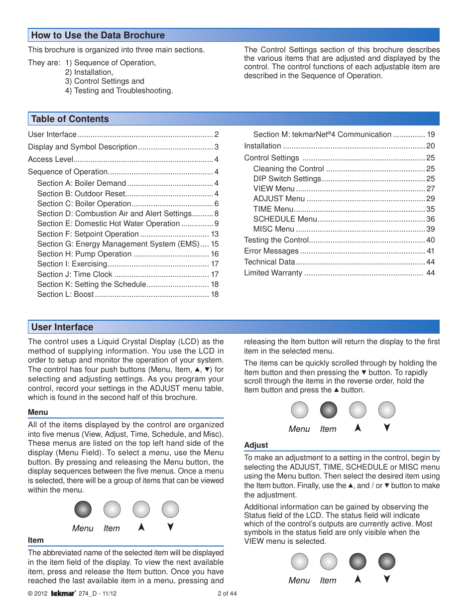 How to use the data brochure table of contents, User interface | tekmar 274 Boiler Control User Manual | Page 2 / 44