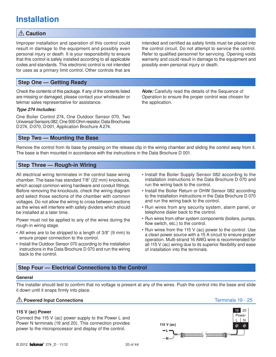 Installation | tekmar 274 Boiler Control User Manual | Page 20 / 44