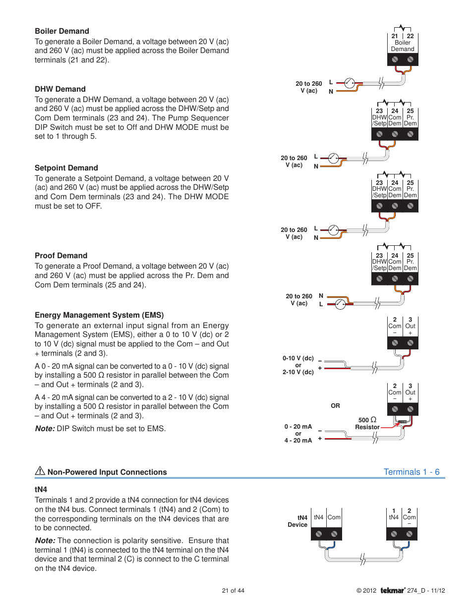 Terminals 1 - 6 | tekmar 274 Boiler Control User Manual | Page 21 / 44