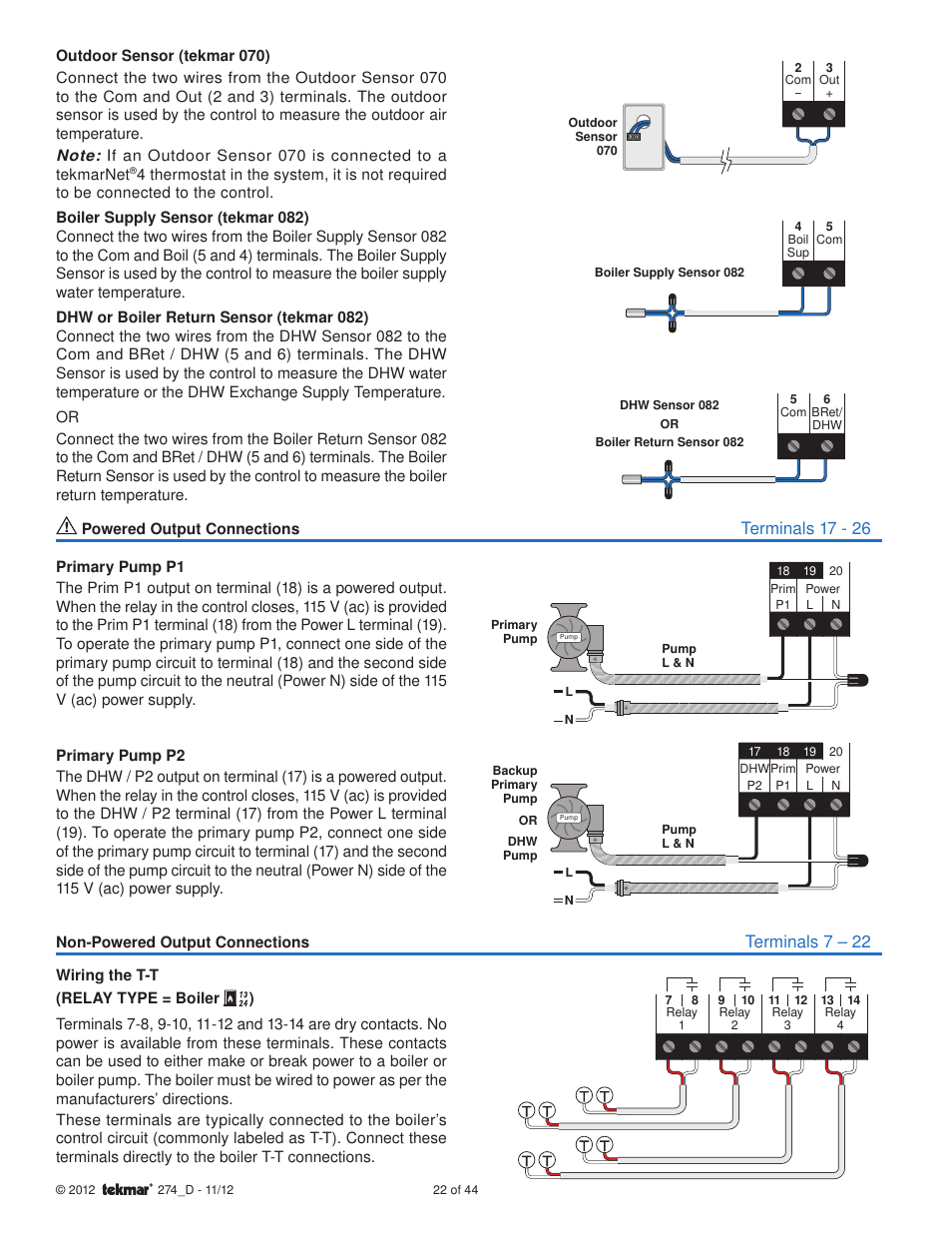 Terminals 17 - 26, Terminals 7 – 22 | tekmar 274 Boiler Control User Manual | Page 22 / 44