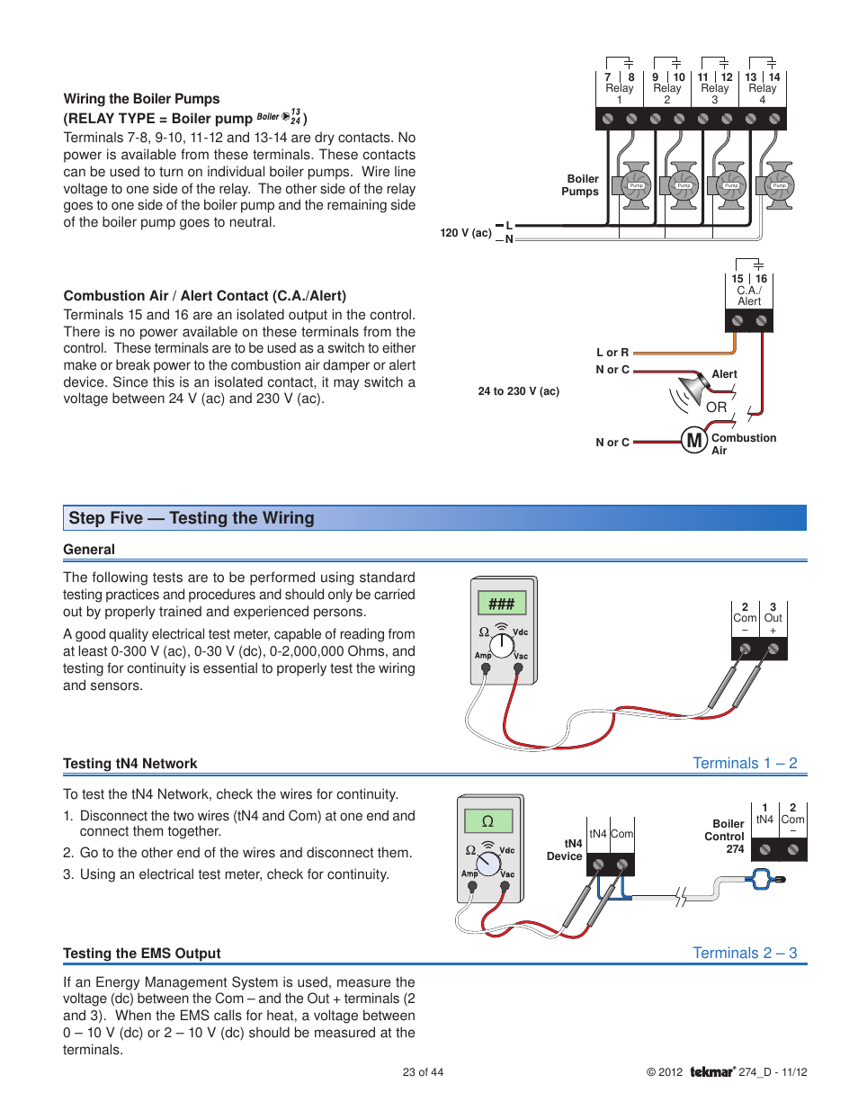 Step five — testing the wiring, Terminals 1 – 2, Terminals 2 – 3 | tekmar 274 Boiler Control User Manual | Page 23 / 44