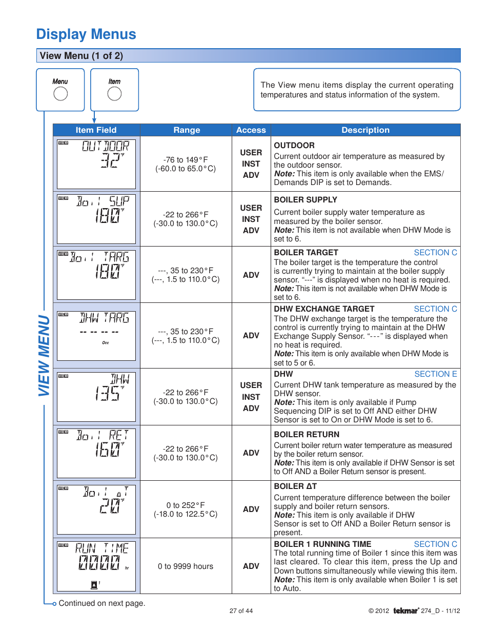 Display menus, View menu, View menu (1 of 2) | tekmar 274 Boiler Control User Manual | Page 27 / 44