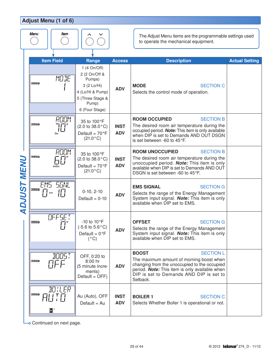 Adjus t menu, Adjust menu (1 of 6) | tekmar 274 Boiler Control User Manual | Page 29 / 44