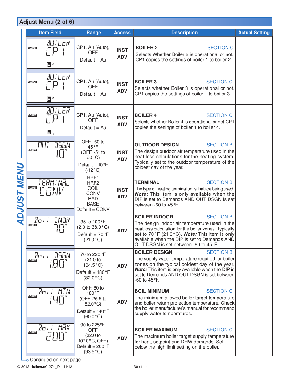 Adjus t menu, Adjust menu (2 of 6) | tekmar 274 Boiler Control User Manual | Page 30 / 44