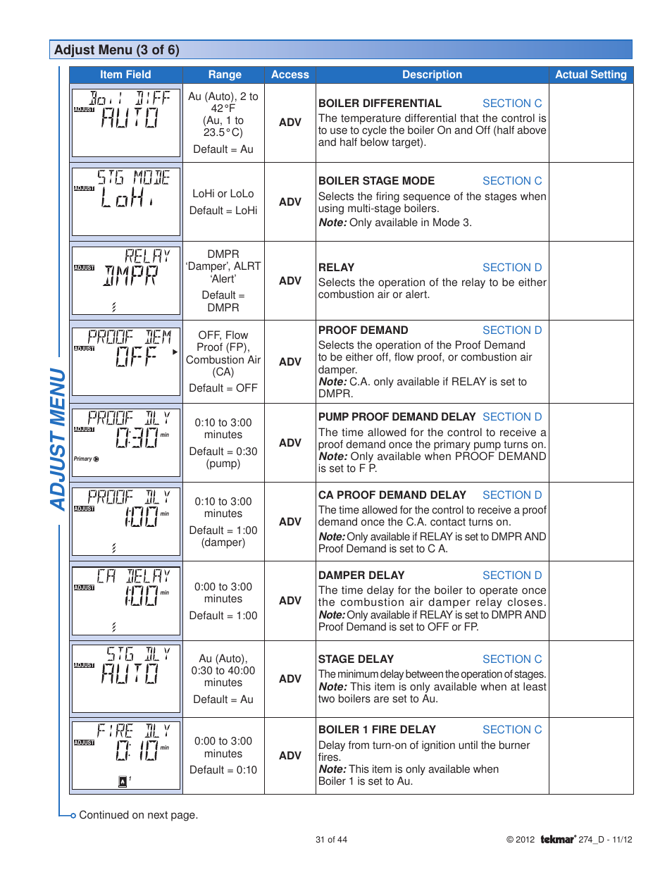 Adjus t menu, Adjust menu (3 of 6) | tekmar 274 Boiler Control User Manual | Page 31 / 44