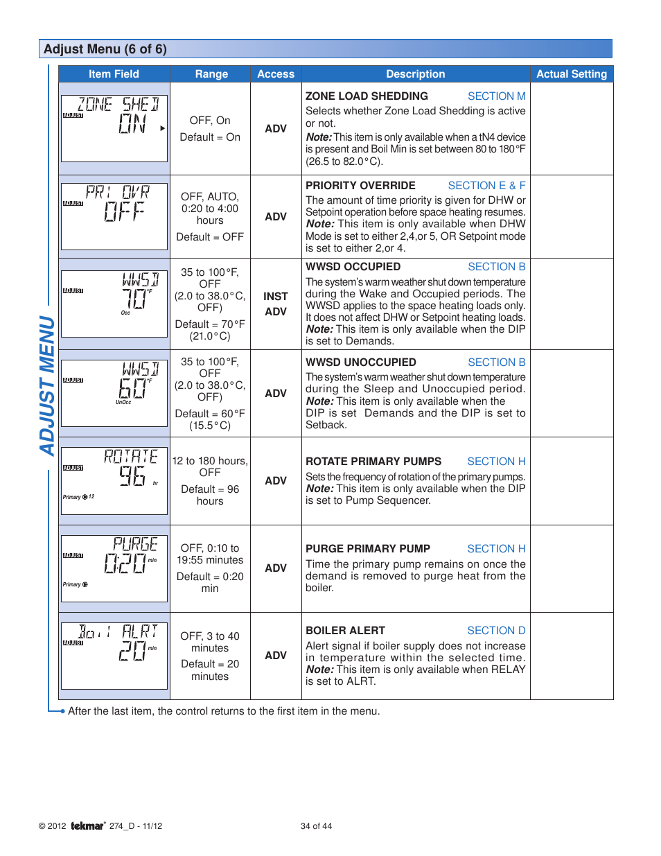 Adjus t menu, Adjust menu (6 of 6) | tekmar 274 Boiler Control User Manual | Page 34 / 44