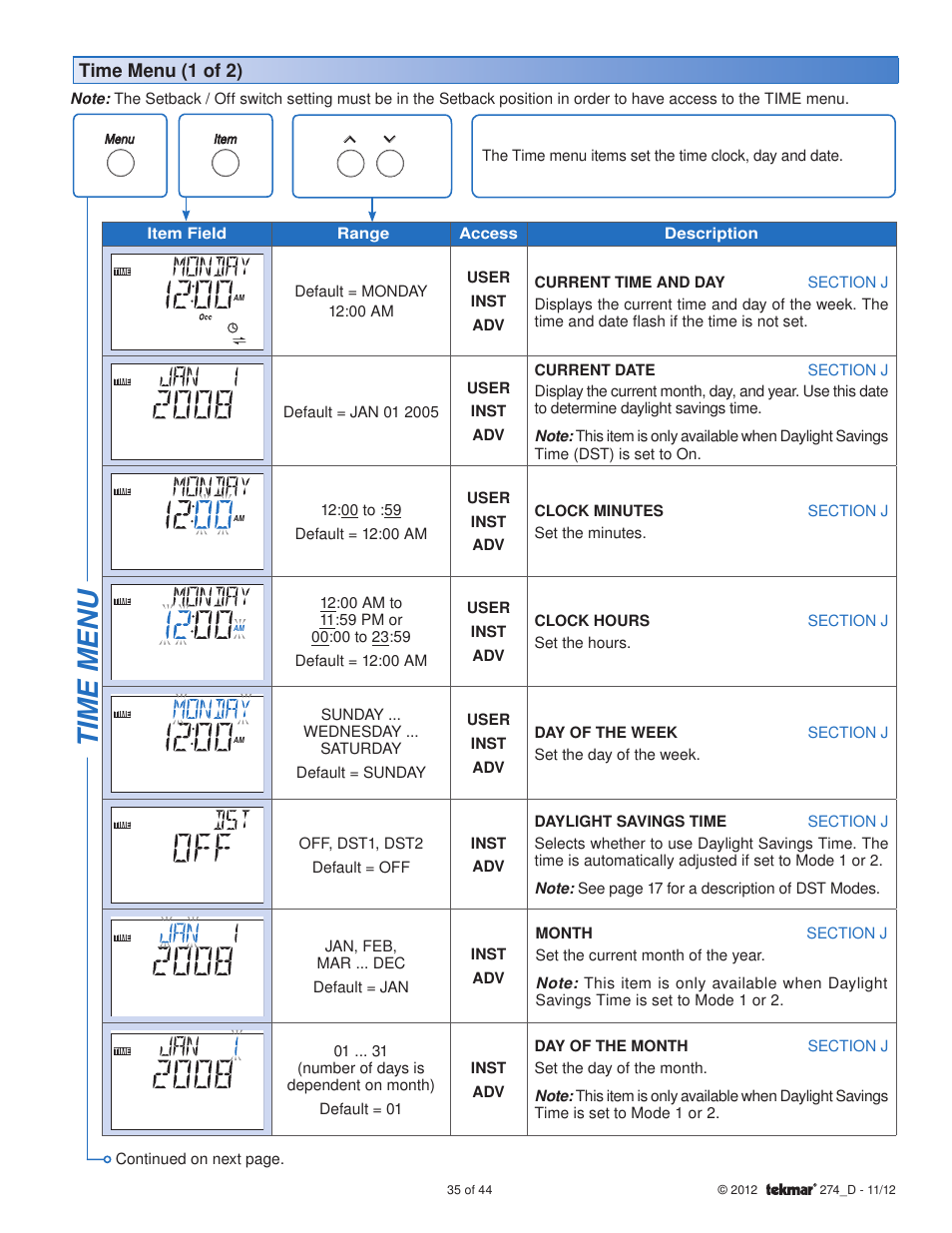 Time menu, Time menu (1 of 2) | tekmar 274 Boiler Control User Manual | Page 35 / 44