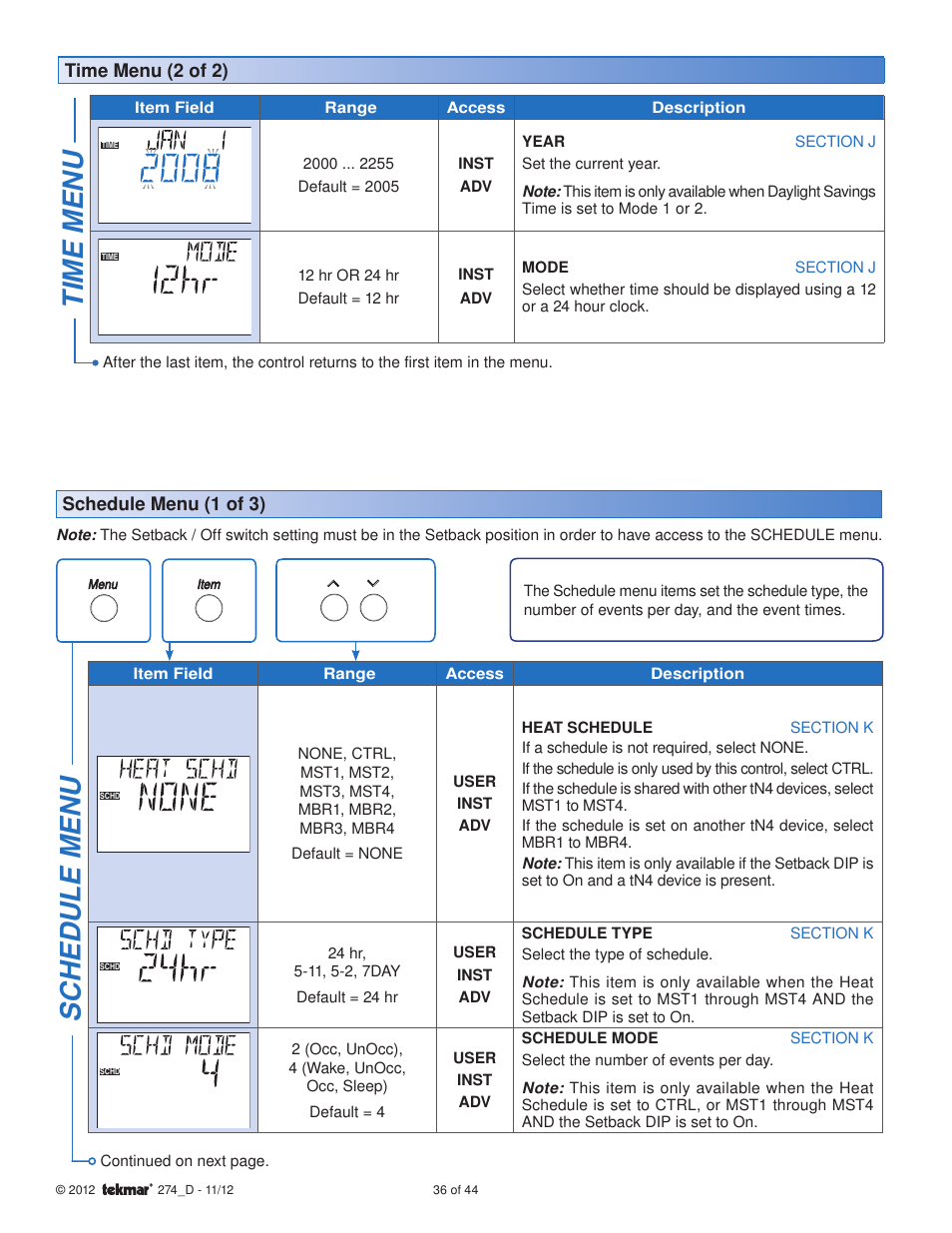 Time menu, Sc hedule menu | tekmar 274 Boiler Control User Manual | Page 36 / 44
