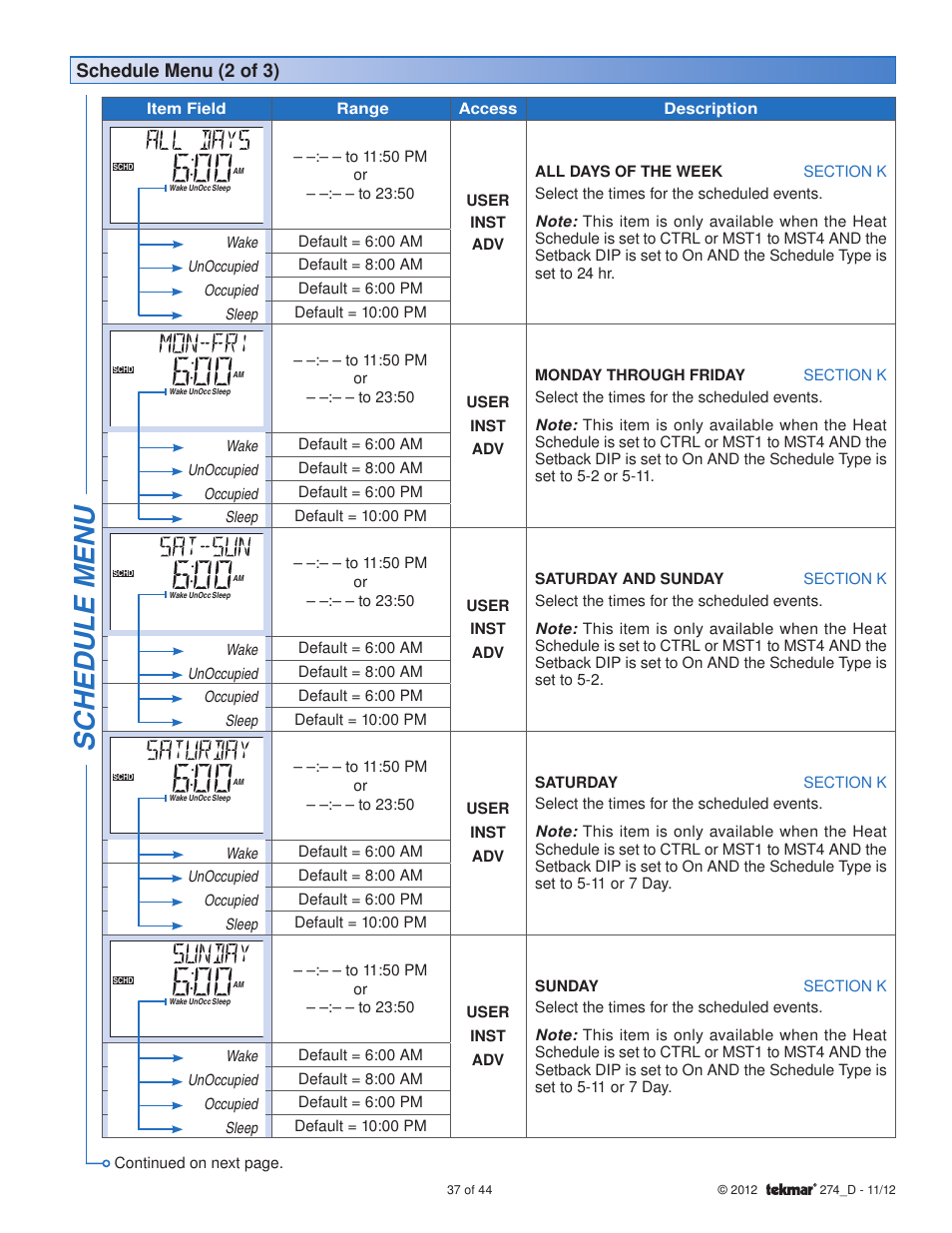 Sc hedule menu, Schedule menu (2 of 3) | tekmar 274 Boiler Control User Manual | Page 37 / 44