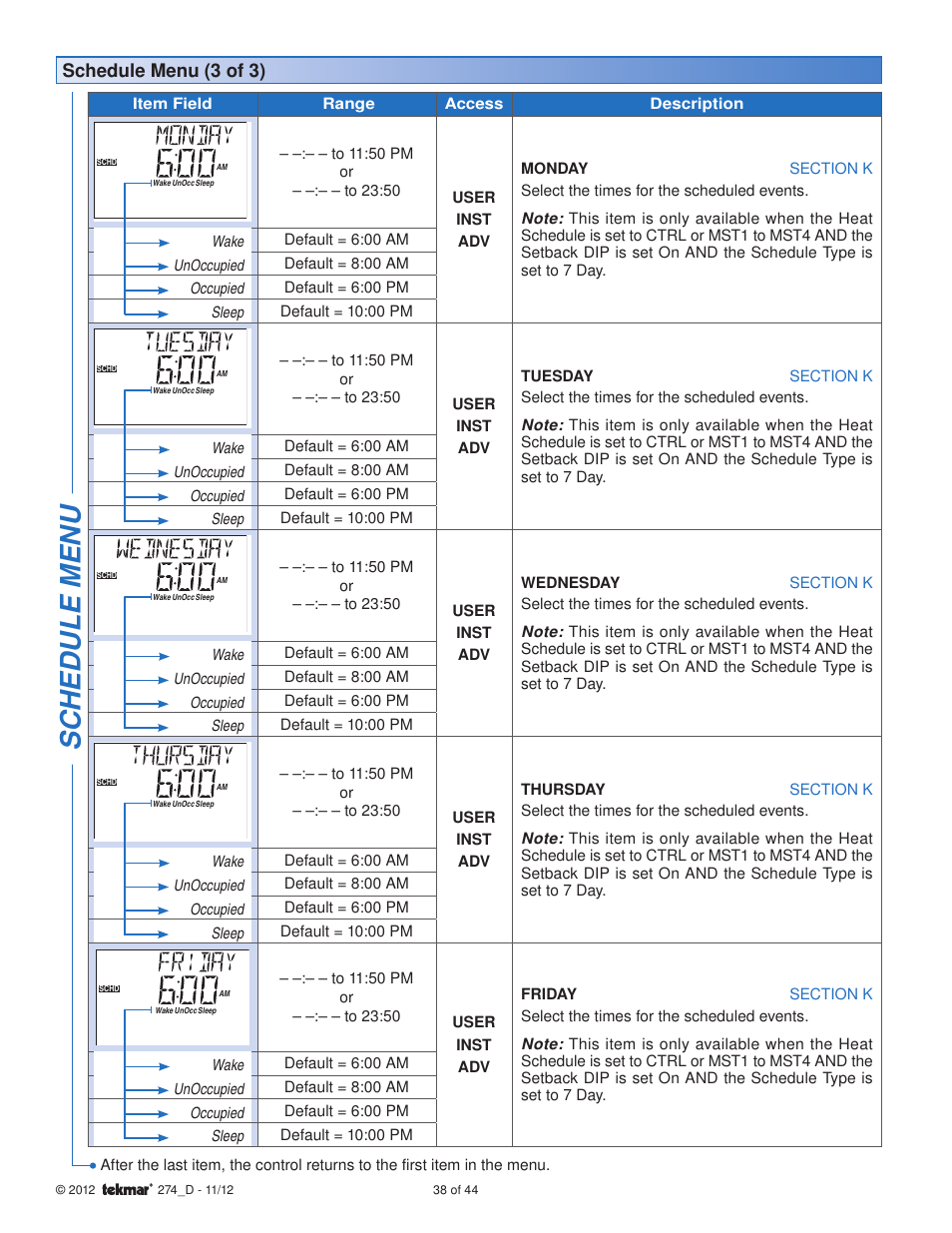 Sc hedule menu, Schedule menu (3 of 3) | tekmar 274 Boiler Control User Manual | Page 38 / 44