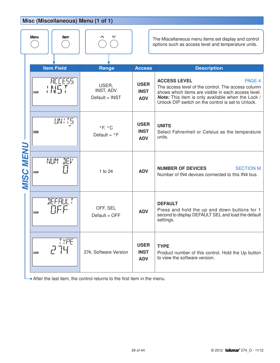 Misc menu, Misc (miscellaneous) menu (1 of 1) | tekmar 274 Boiler Control User Manual | Page 39 / 44