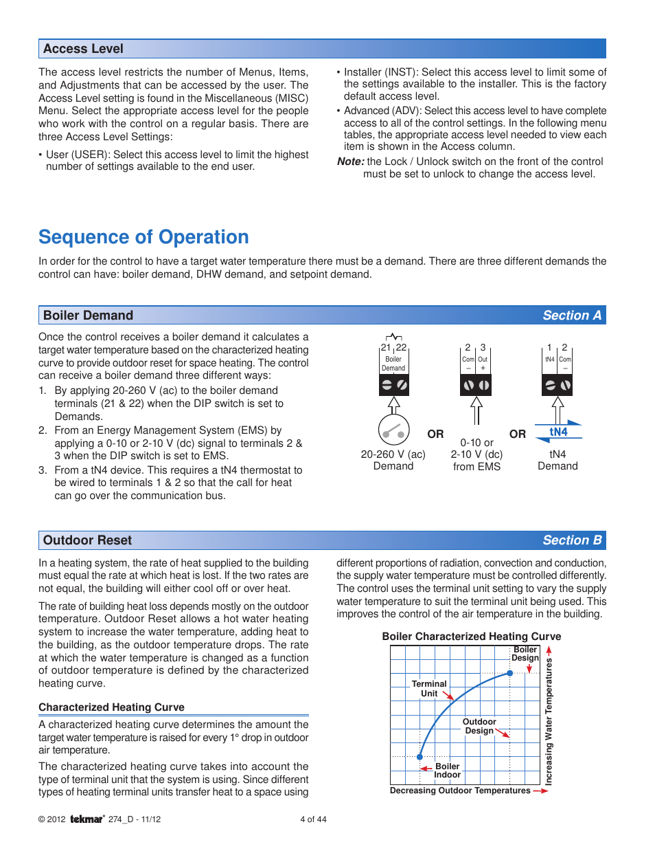 Sequence of operation, Access level | tekmar 274 Boiler Control User Manual | Page 4 / 44