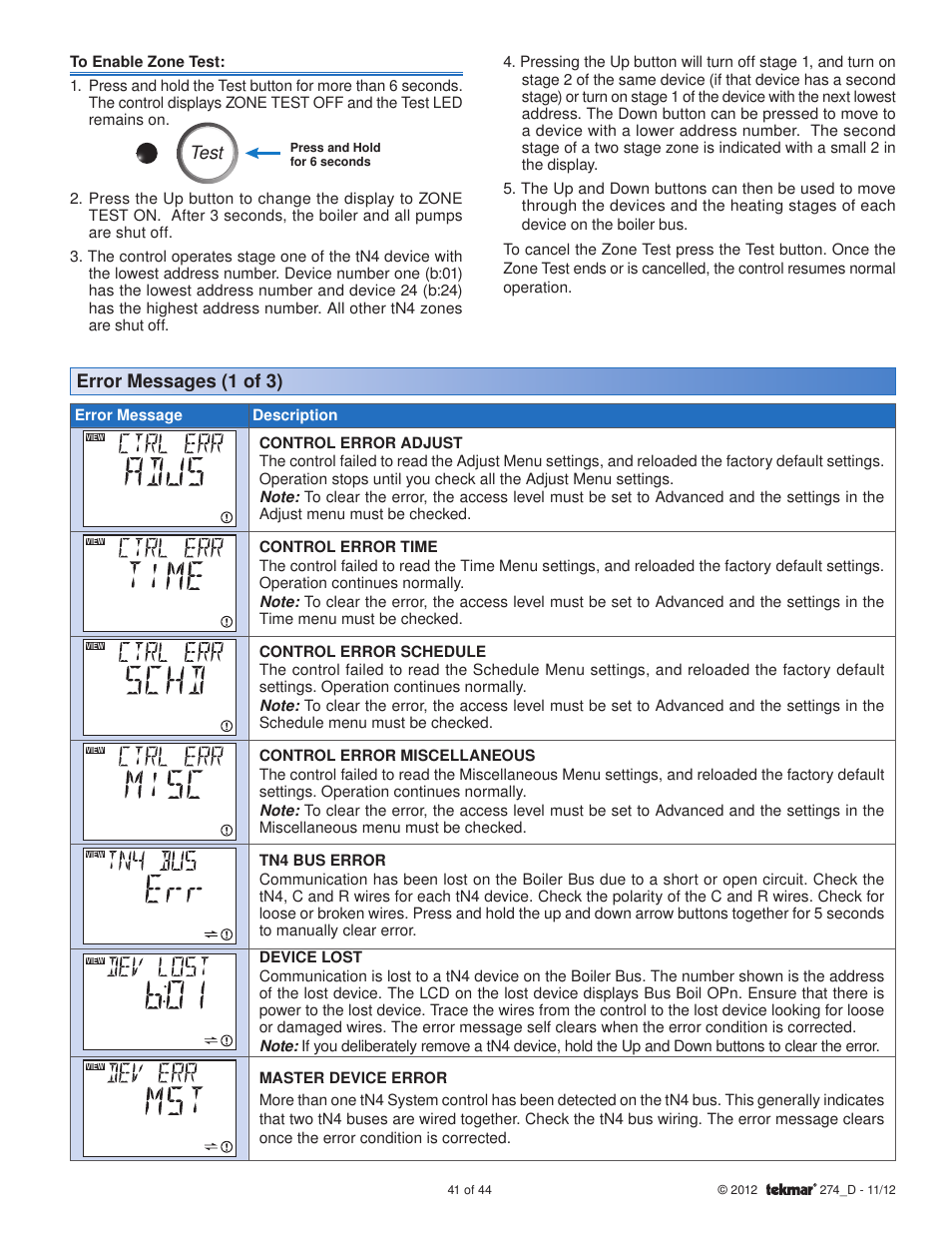 Test, Error messages (1 of 3) | tekmar 274 Boiler Control User Manual | Page 41 / 44