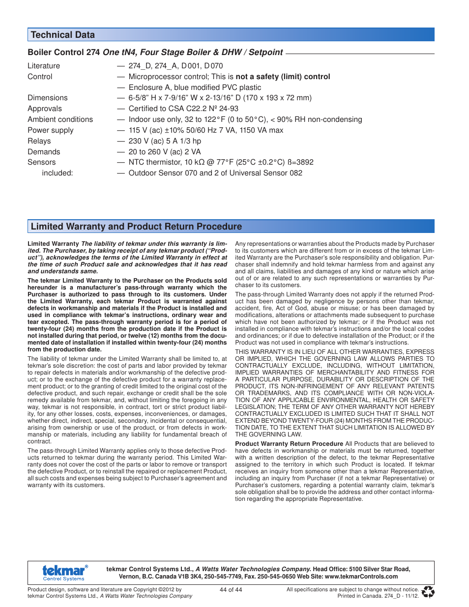 tekmar 274 Boiler Control User Manual | Page 44 / 44