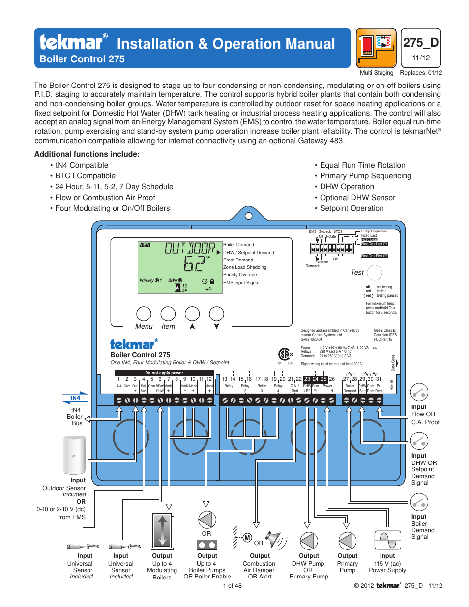 tekmar 275 Boiler Control User Manual | 48 pages