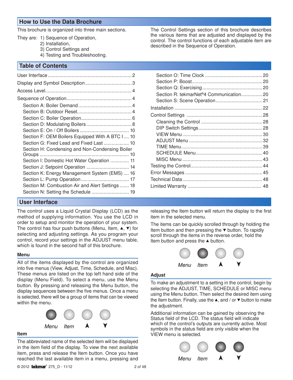 How to use the data brochure table of contents, User interface | tekmar 275 Boiler Control User Manual | Page 2 / 48