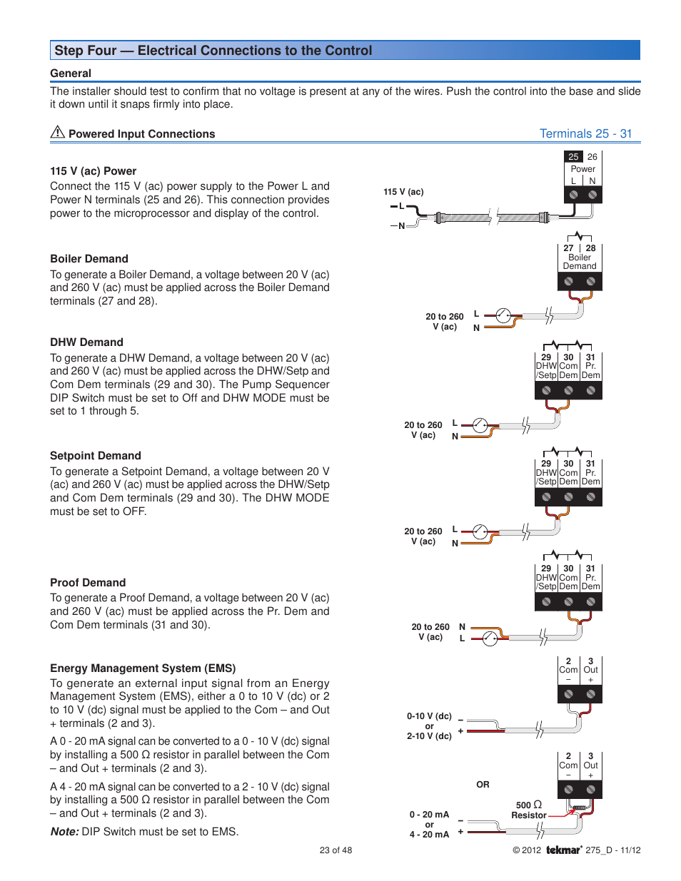 Step four — electrical connections to the control, Terminals 25 - 31 | tekmar 275 Boiler Control User Manual | Page 23 / 48