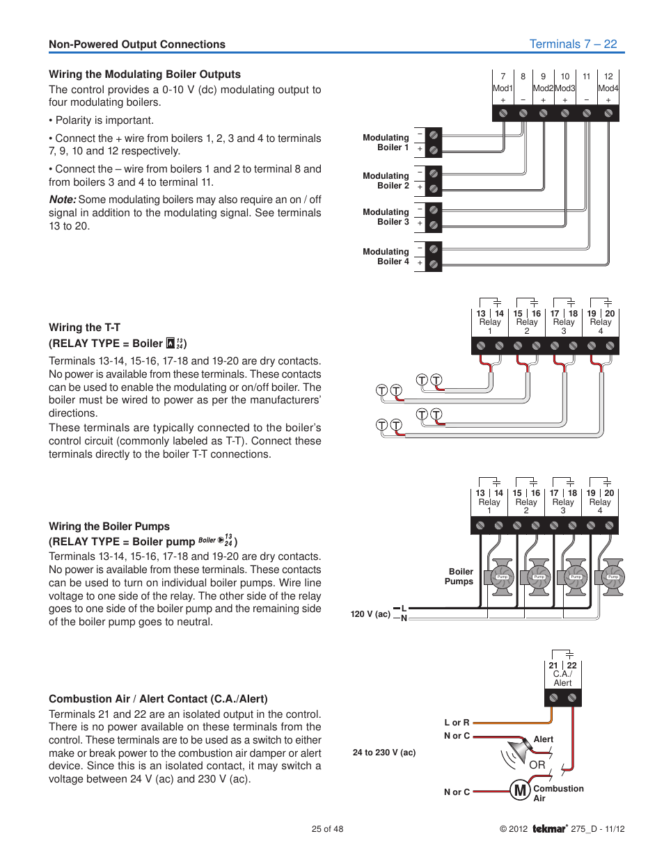 Terminals 7 – 22 | tekmar 275 Boiler Control User Manual | Page 25 / 48