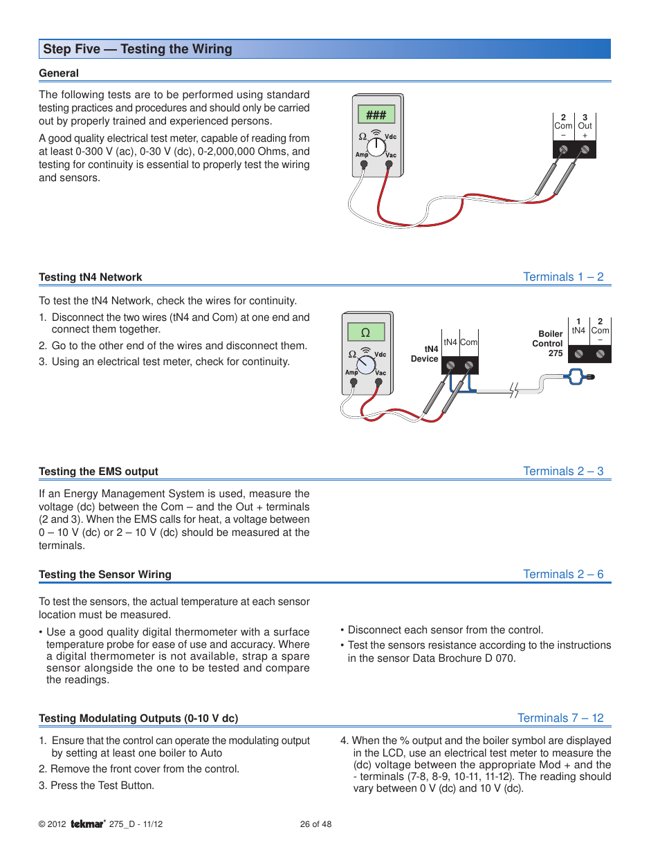 Step five — testing the wiring | tekmar 275 Boiler Control User Manual | Page 26 / 48