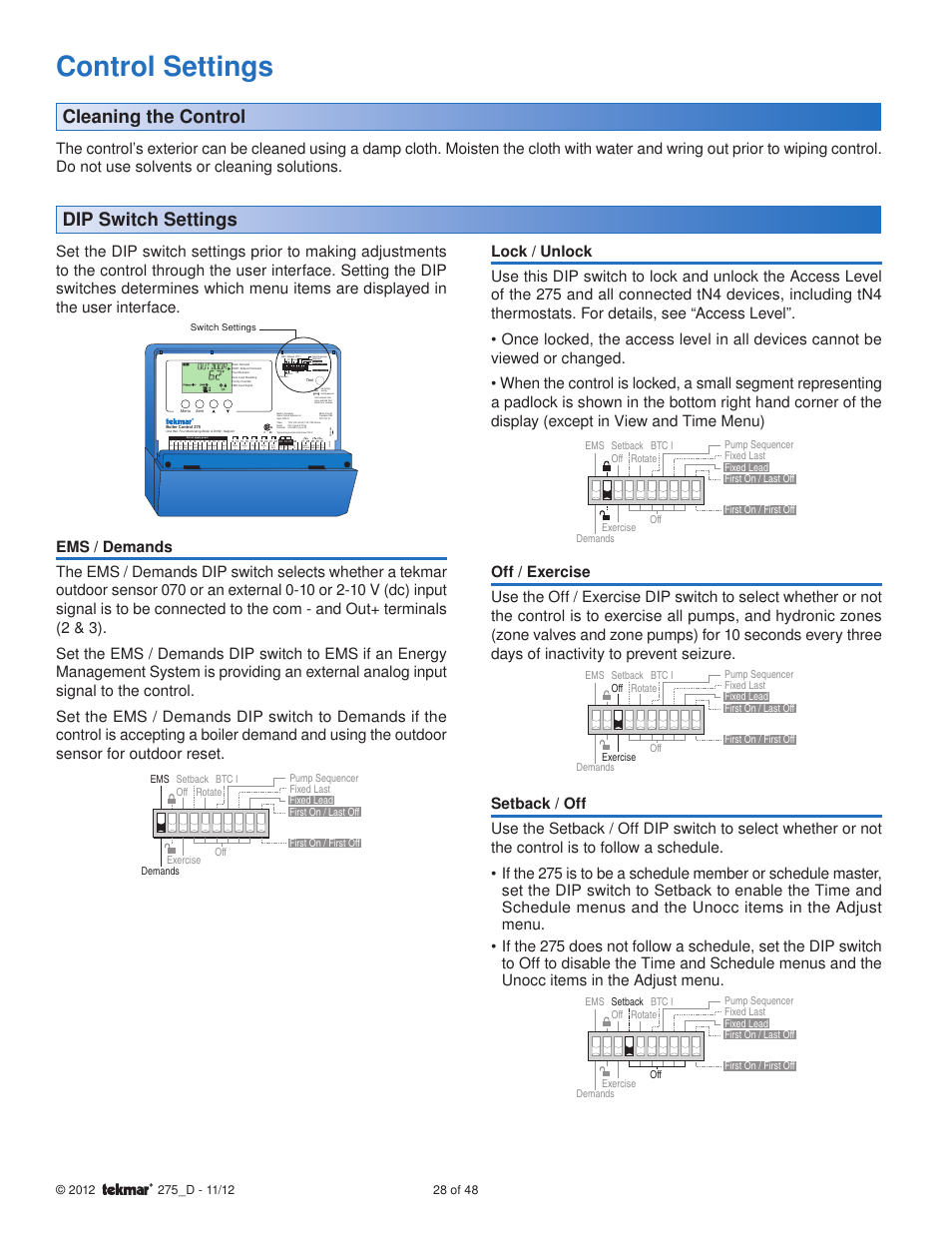 Control settings, Cleaning the control, Dip switch settings | H2048b | tekmar 275 Boiler Control User Manual | Page 28 / 48