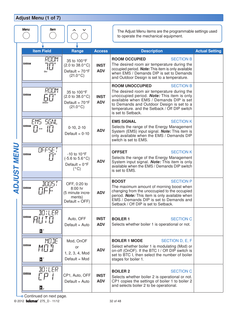 Adjus t menu, Adjust menu (1 of 7) | tekmar 275 Boiler Control User Manual | Page 32 / 48