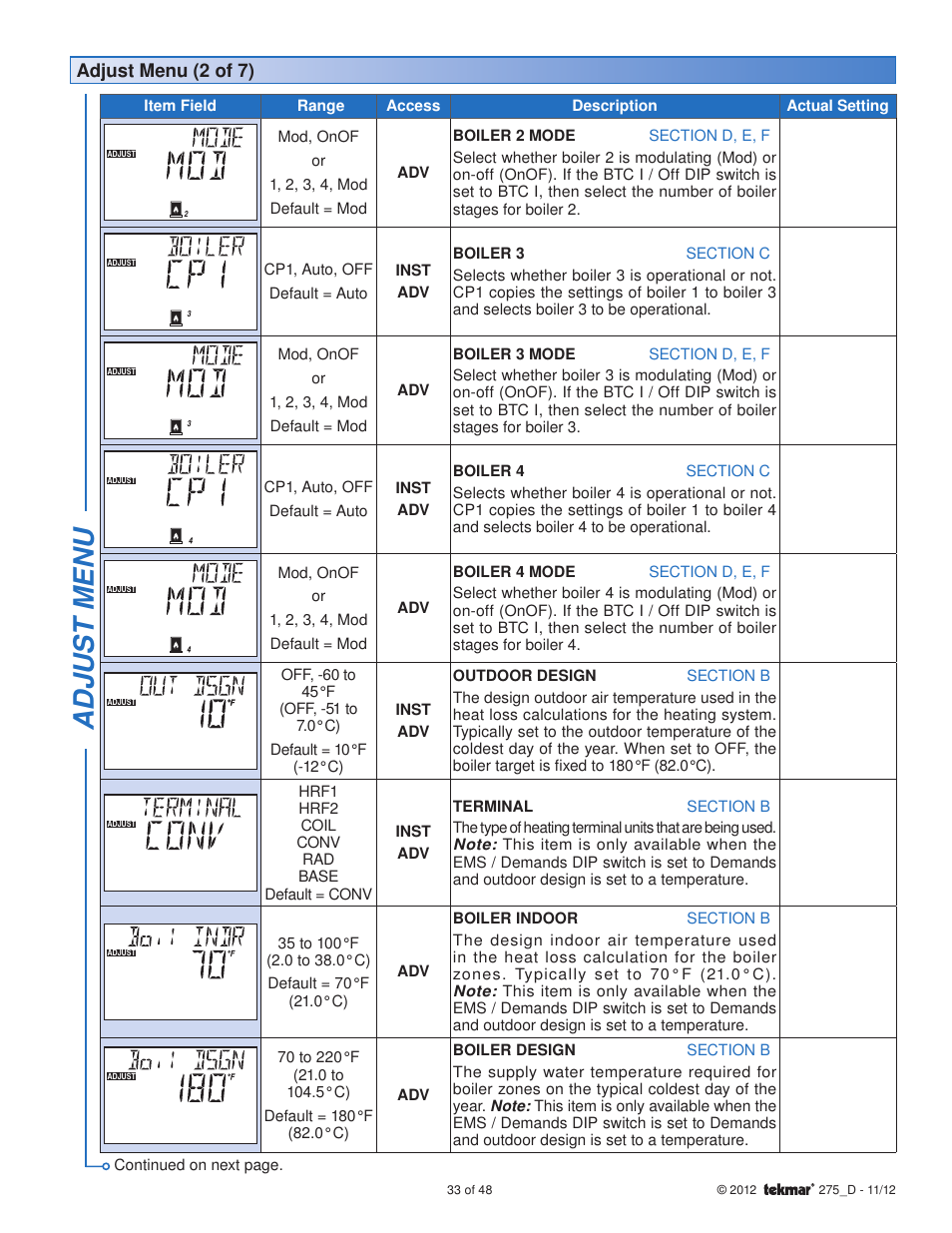Adjus t menu, Adjust menu (2 of 7) | tekmar 275 Boiler Control User Manual | Page 33 / 48