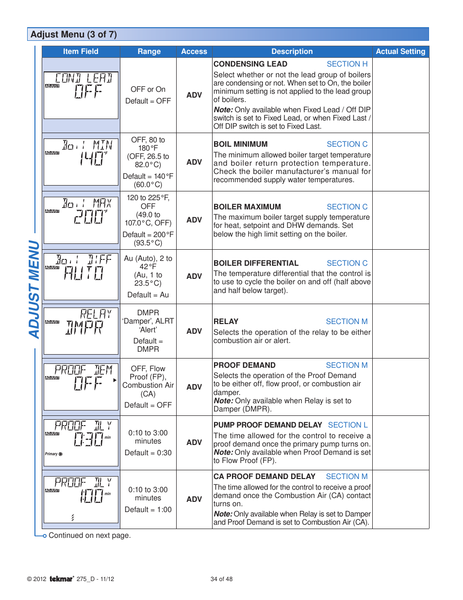 Adjus t menu, Adjust menu (3 of 7) | tekmar 275 Boiler Control User Manual | Page 34 / 48