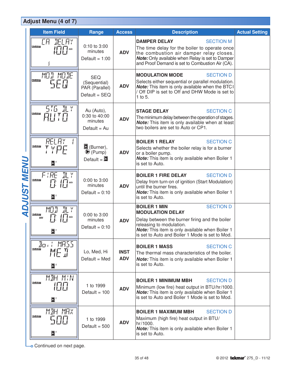 Adjus t menu, Adjust menu (4 of 7) | tekmar 275 Boiler Control User Manual | Page 35 / 48