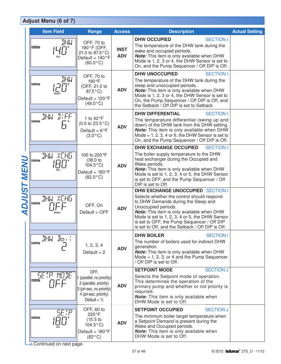 Adjus t menu, Adjust menu (6 of 7) | tekmar 275 Boiler Control User Manual | Page 37 / 48