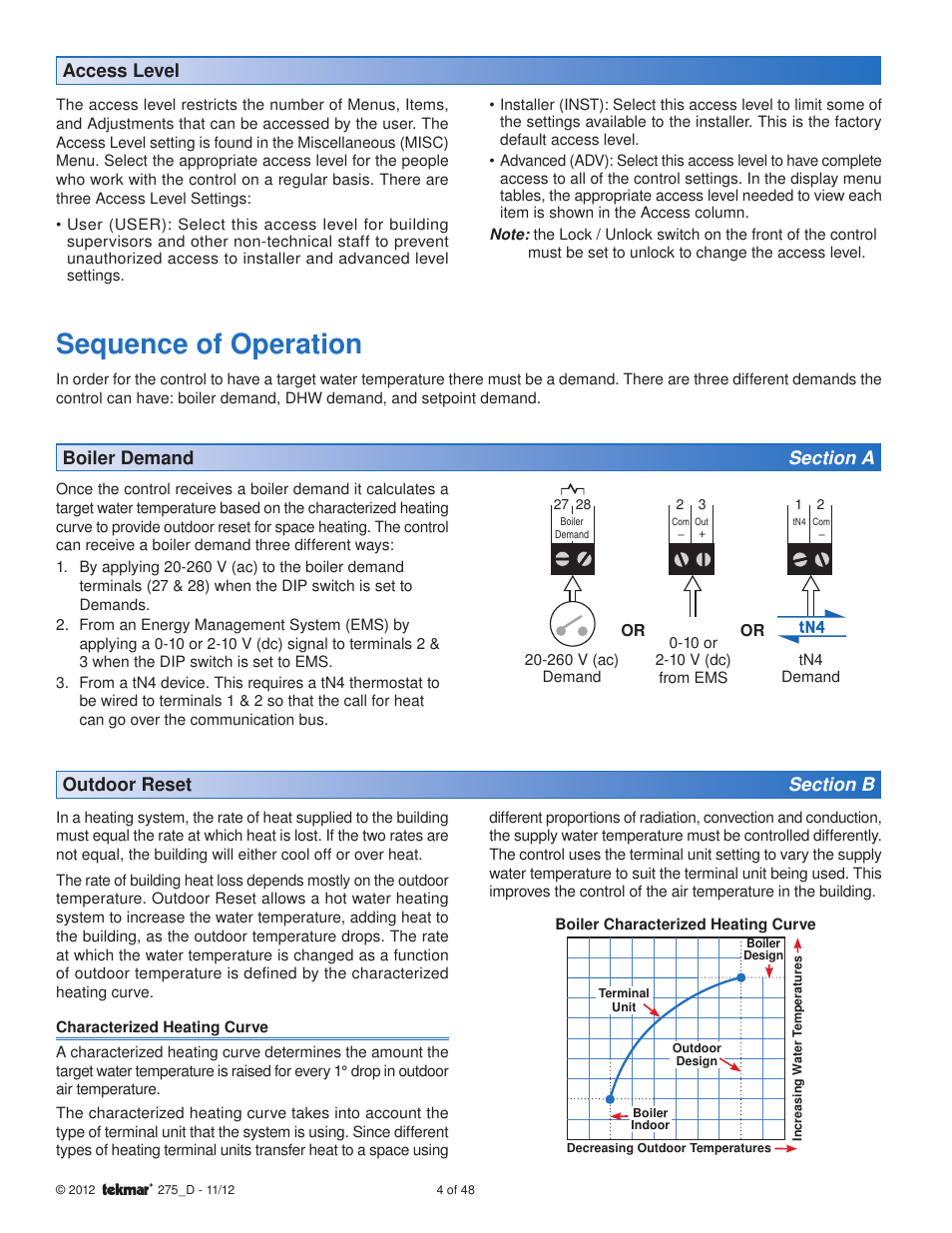Sequence of operation, Access level | tekmar 275 Boiler Control User Manual | Page 4 / 48