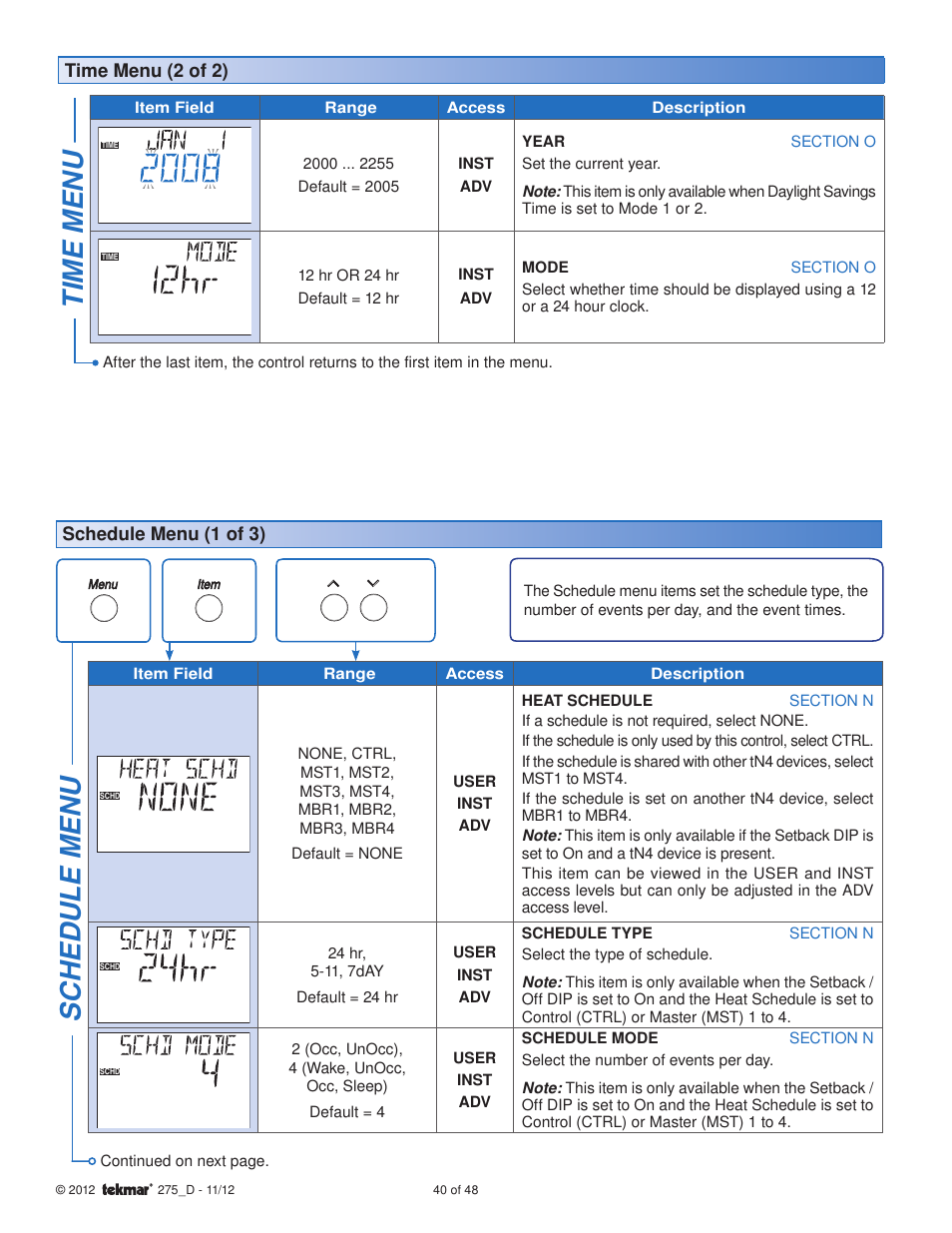 Time menu, Sc hedule menu | tekmar 275 Boiler Control User Manual | Page 40 / 48
