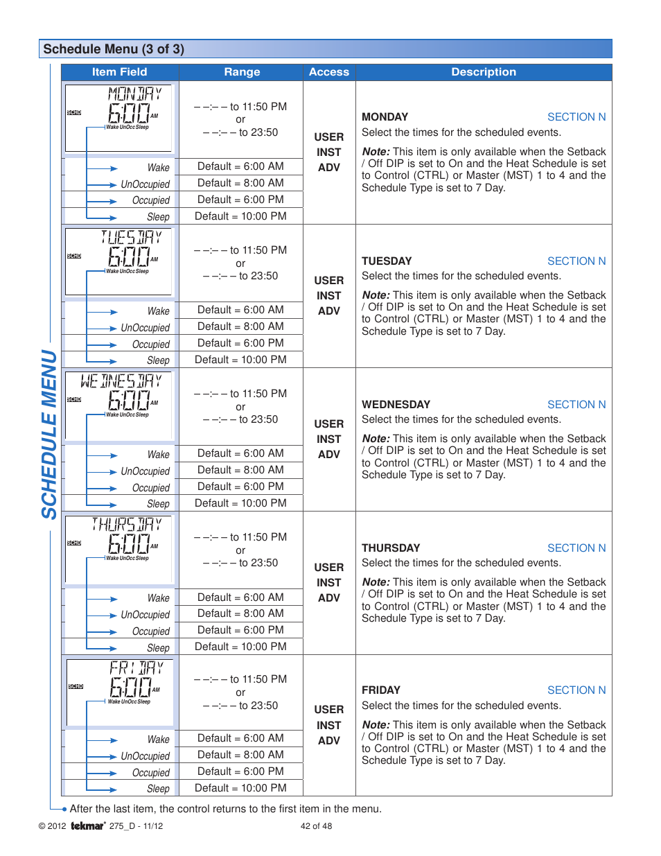 Sc hedule menu, Schedule menu (3 of 3) | tekmar 275 Boiler Control User Manual | Page 42 / 48
