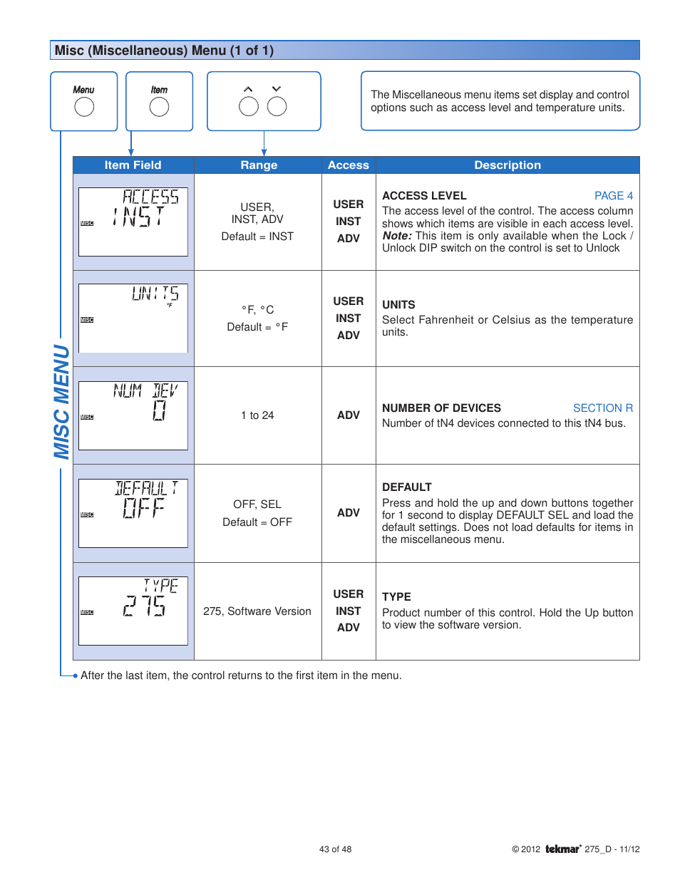 Misc menu, Misc (miscellaneous) menu (1 of 1) | tekmar 275 Boiler Control User Manual | Page 43 / 48
