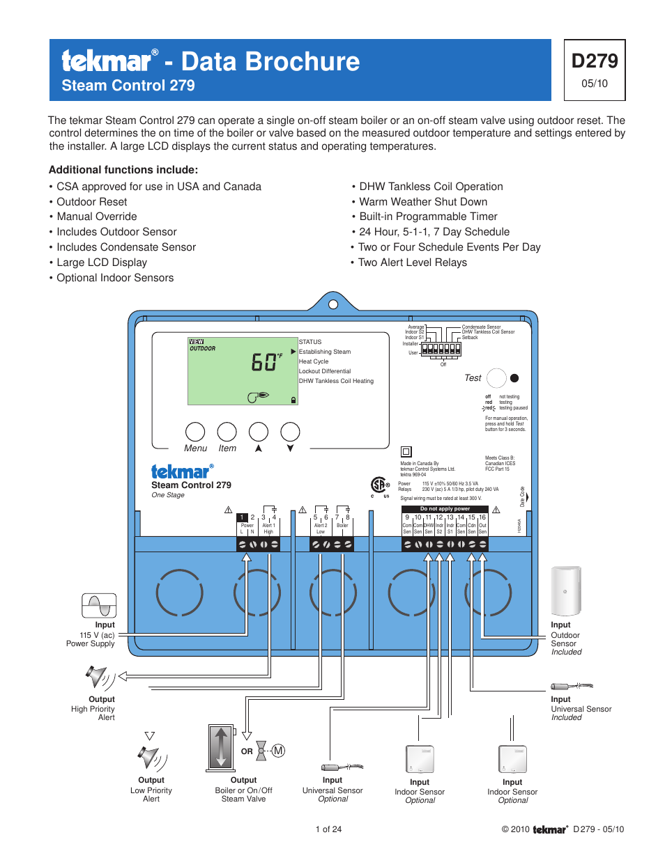 tekmar 279 Steam Control User Manual | 24 pages