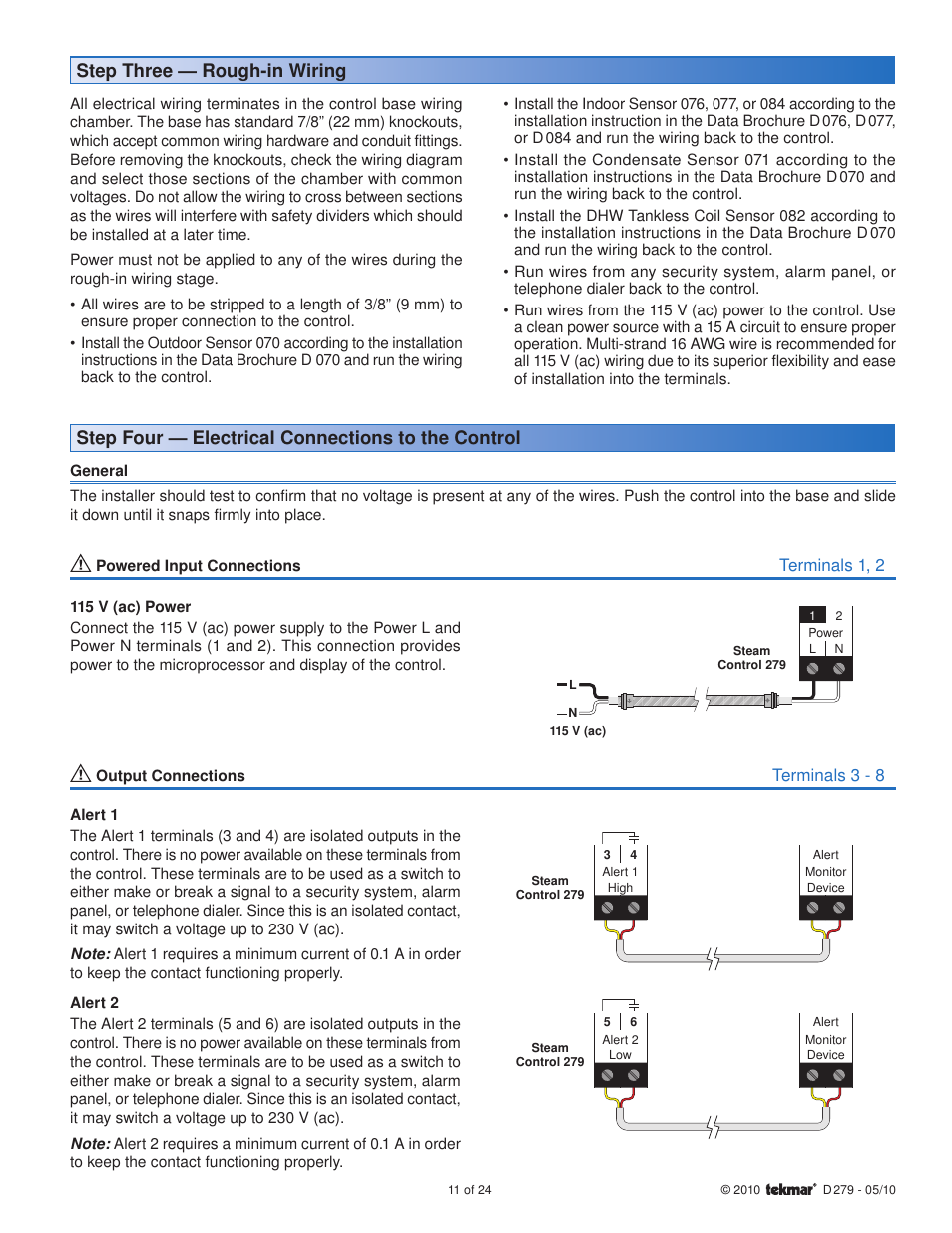Step three — rough-in wiring, Step four — electrical connections to the control | tekmar 279 Steam Control User Manual | Page 11 / 24