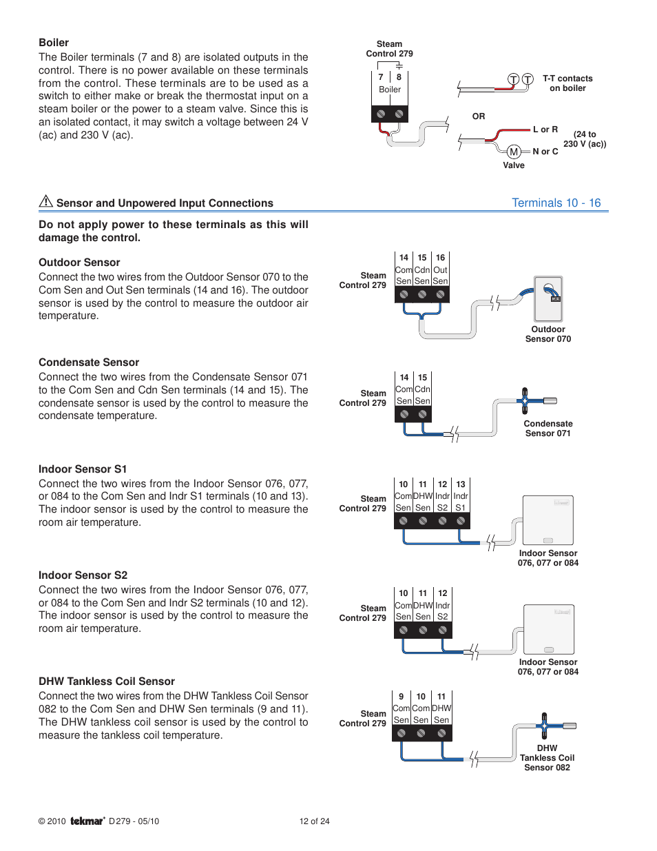 Terminals 10 - 16 | tekmar 279 Steam Control User Manual | Page 12 / 24