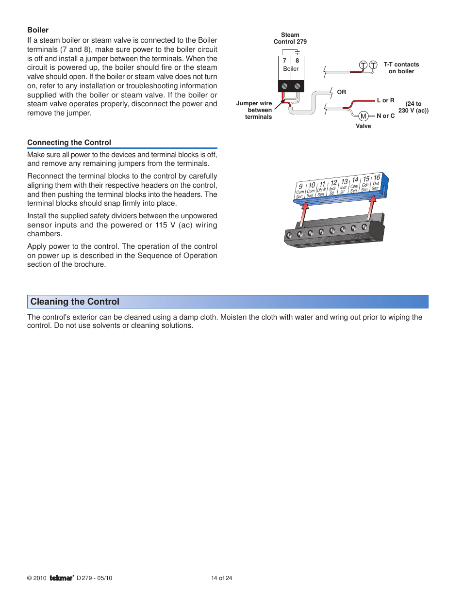 Cleaning the control | tekmar 279 Steam Control User Manual | Page 14 / 24