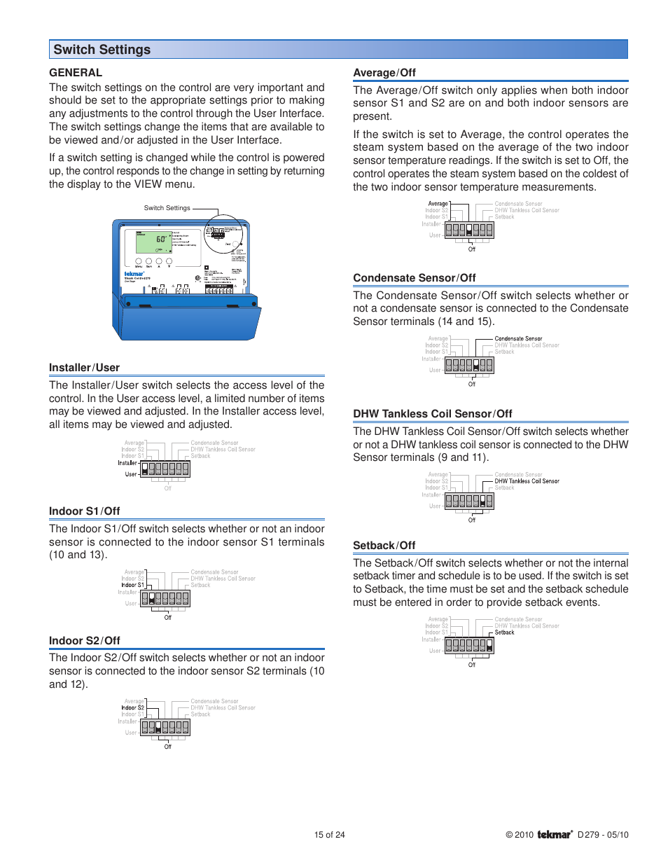 Switch settings | tekmar 279 Steam Control User Manual | Page 15 / 24