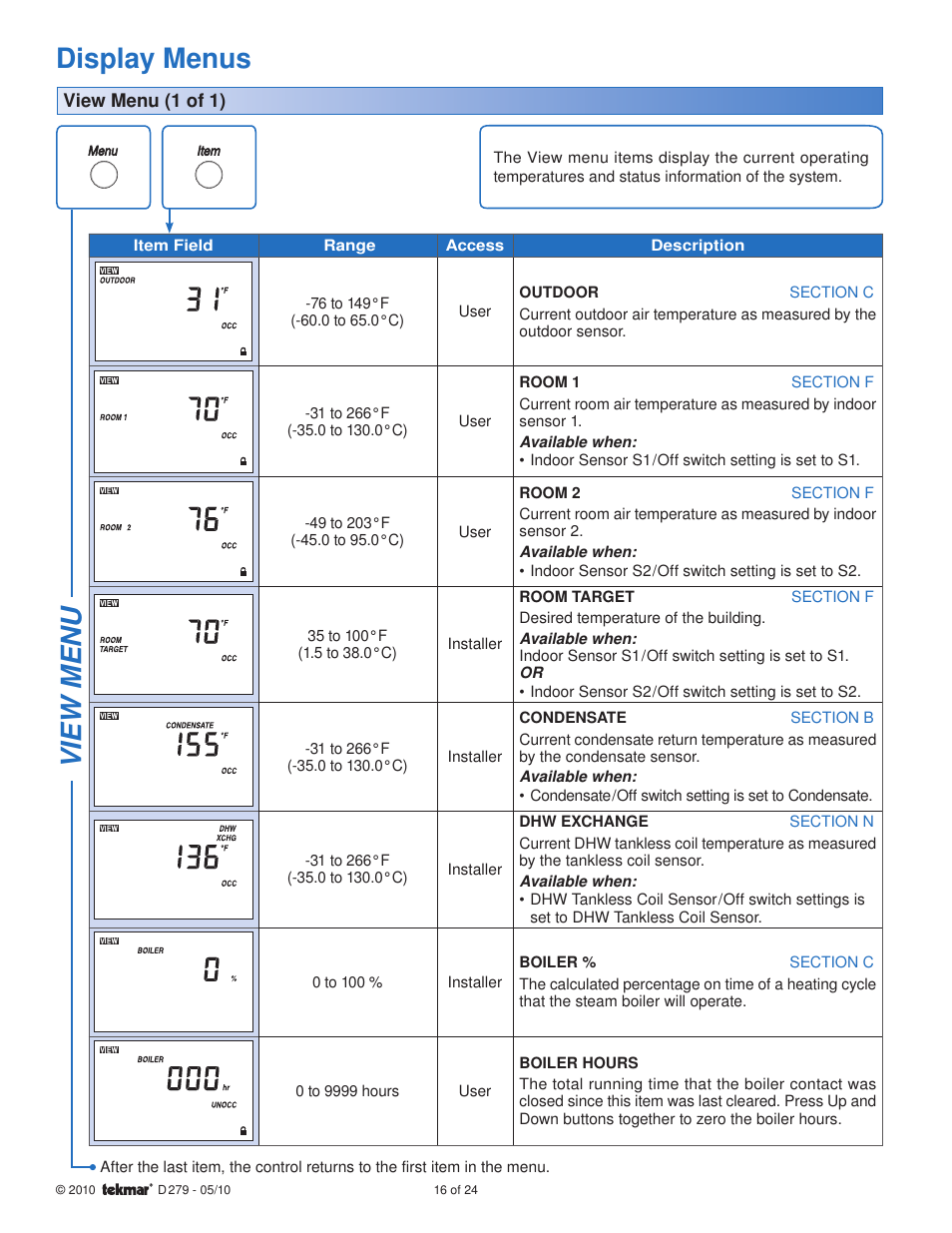 Display menus, View menu | tekmar 279 Steam Control User Manual | Page 16 / 24