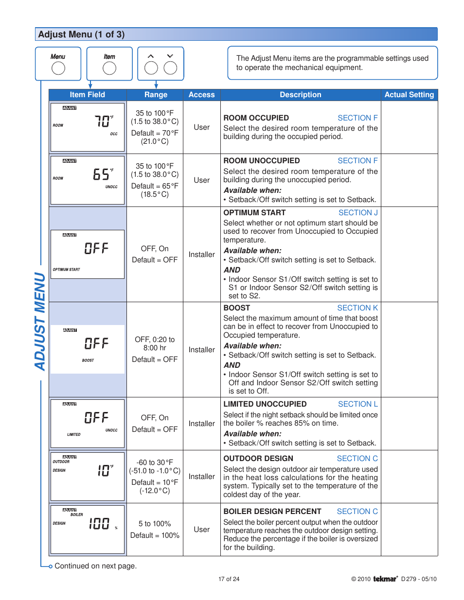 Adjus t menu | tekmar 279 Steam Control User Manual | Page 17 / 24