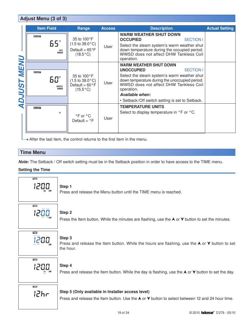 Adjus t menu | tekmar 279 Steam Control User Manual | Page 19 / 24