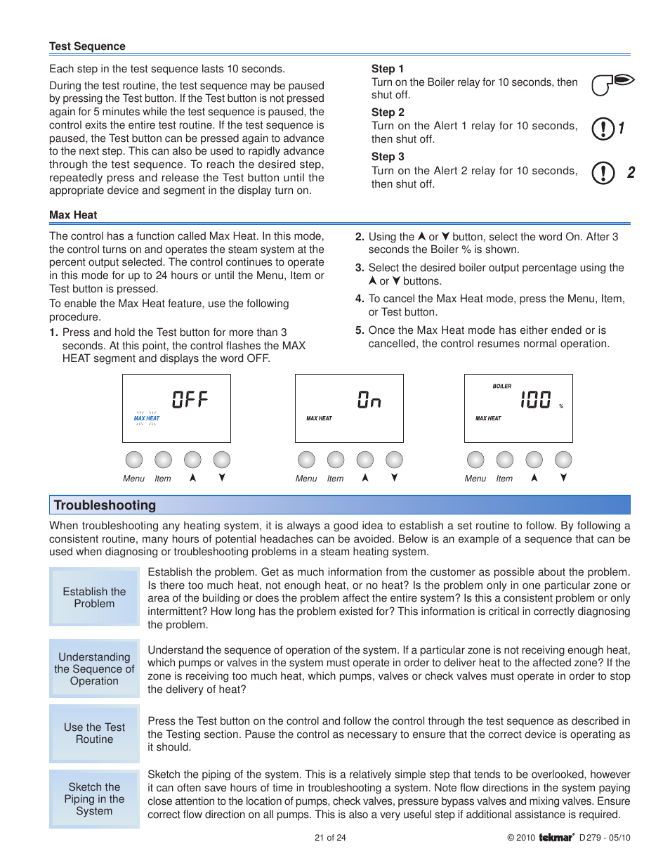 Troubleshooting | tekmar 279 Steam Control User Manual | Page 21 / 24