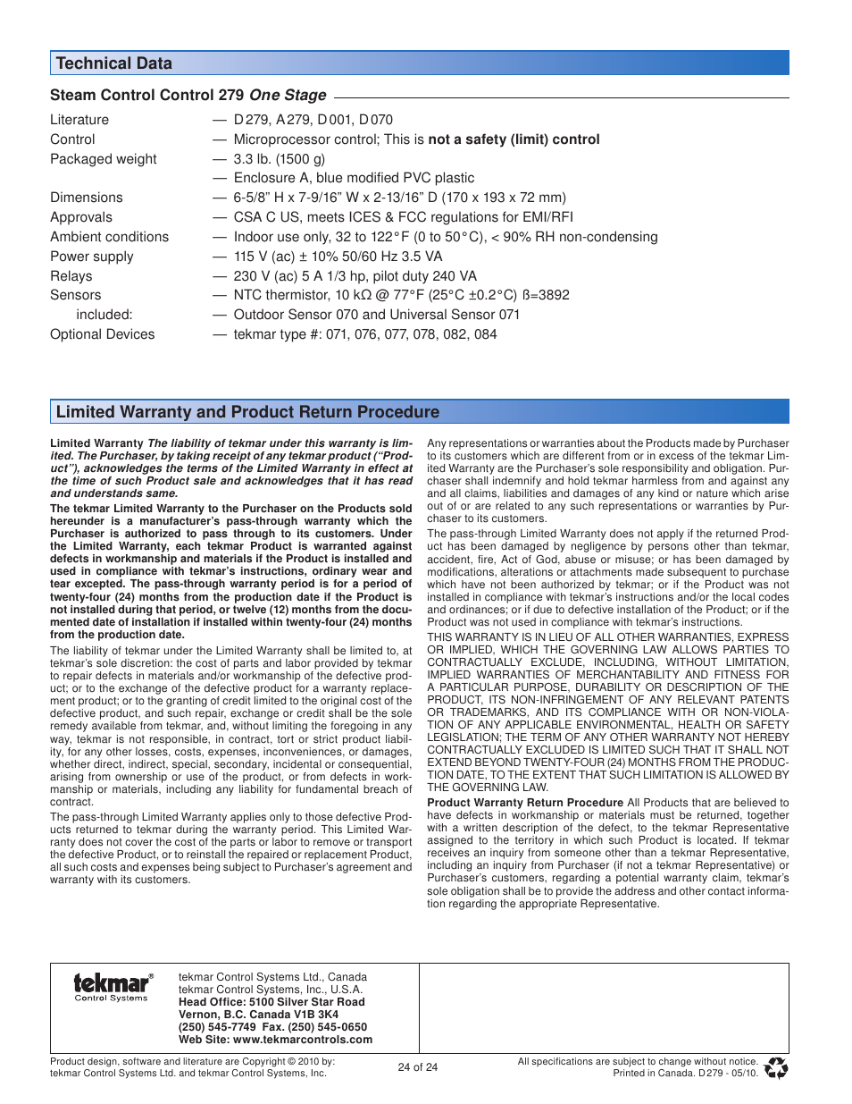 tekmar 279 Steam Control User Manual | Page 24 / 24