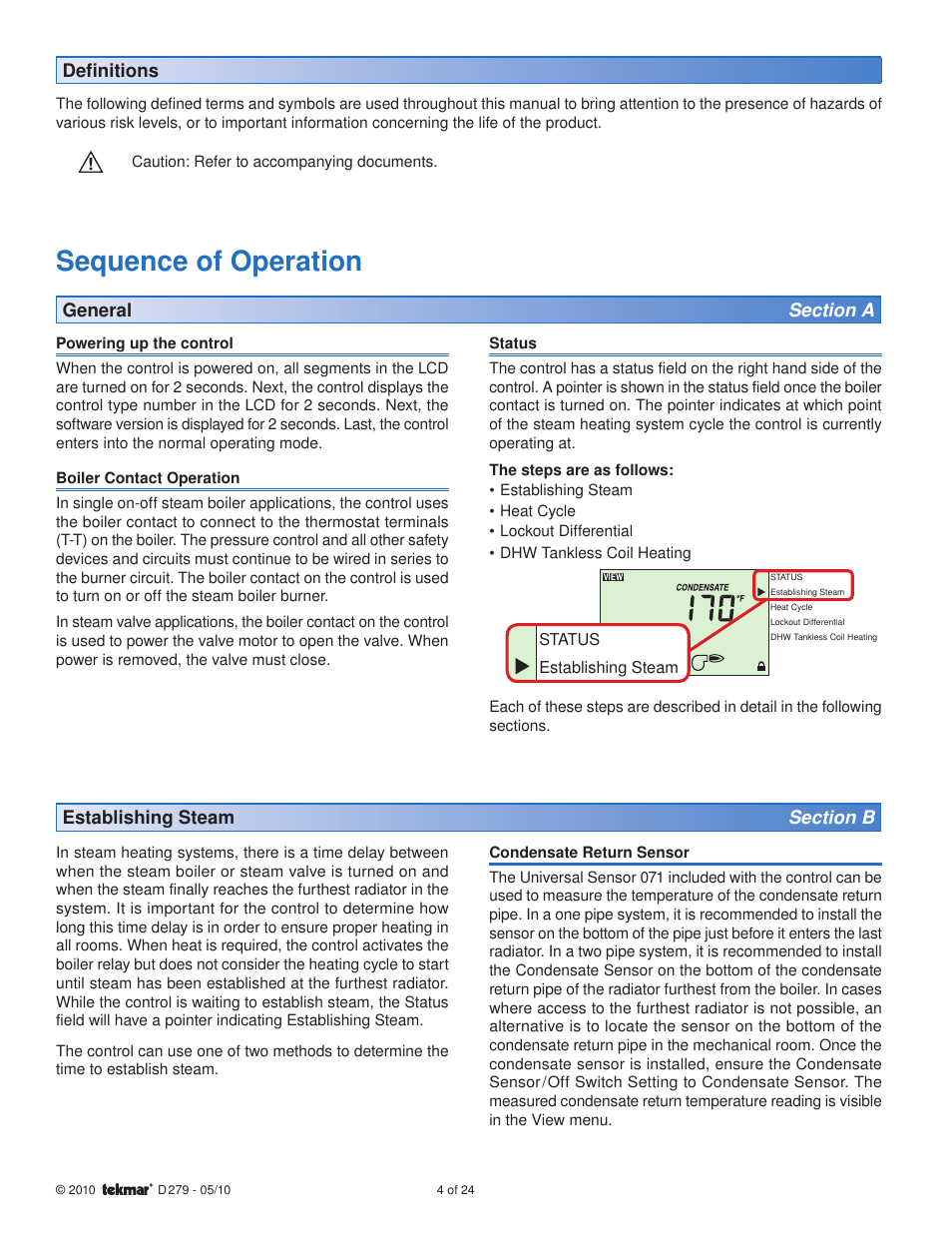 Sequence of operation, Deﬁ nitions | tekmar 279 Steam Control User Manual | Page 4 / 24