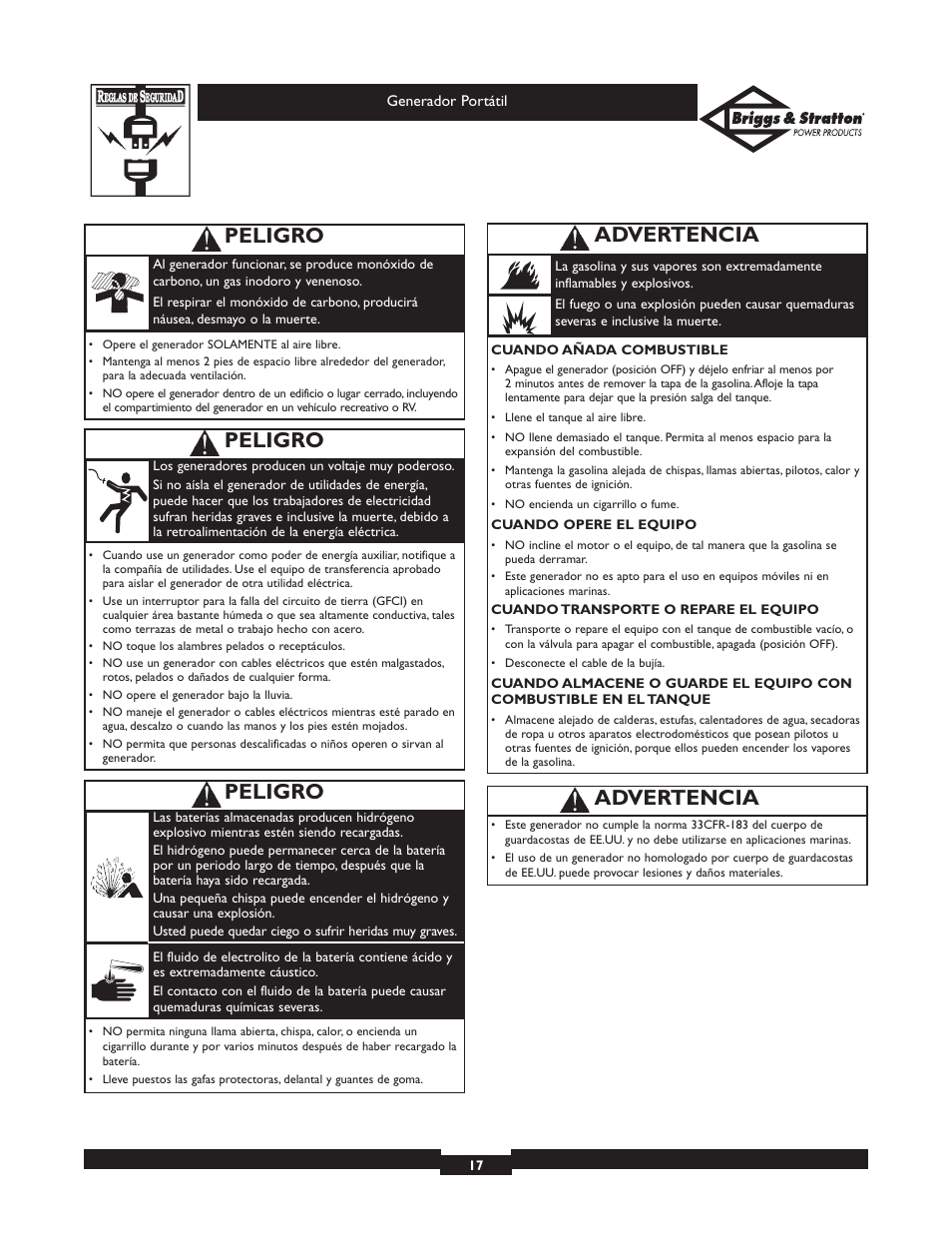 Peligro, Advertencia | Briggs & Stratton 01971 User Manual | Page 17 / 37