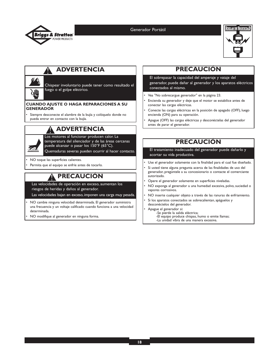 Advertencia, Precaución | Briggs & Stratton 01971 User Manual | Page 18 / 37