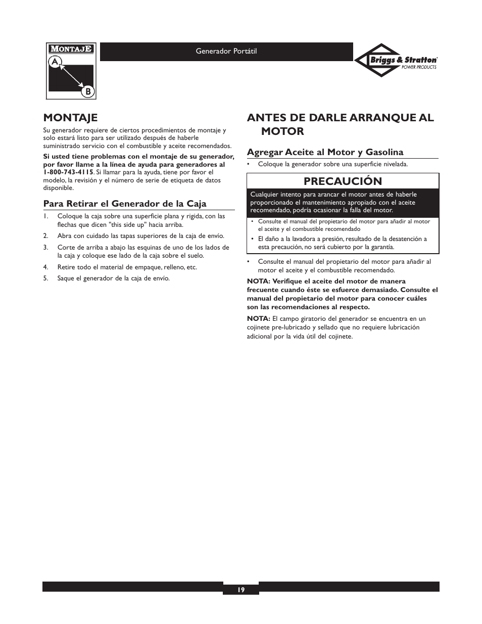 Montaje, Antes de darle arranque al motor, Precaución | Briggs & Stratton 01971 User Manual | Page 19 / 37